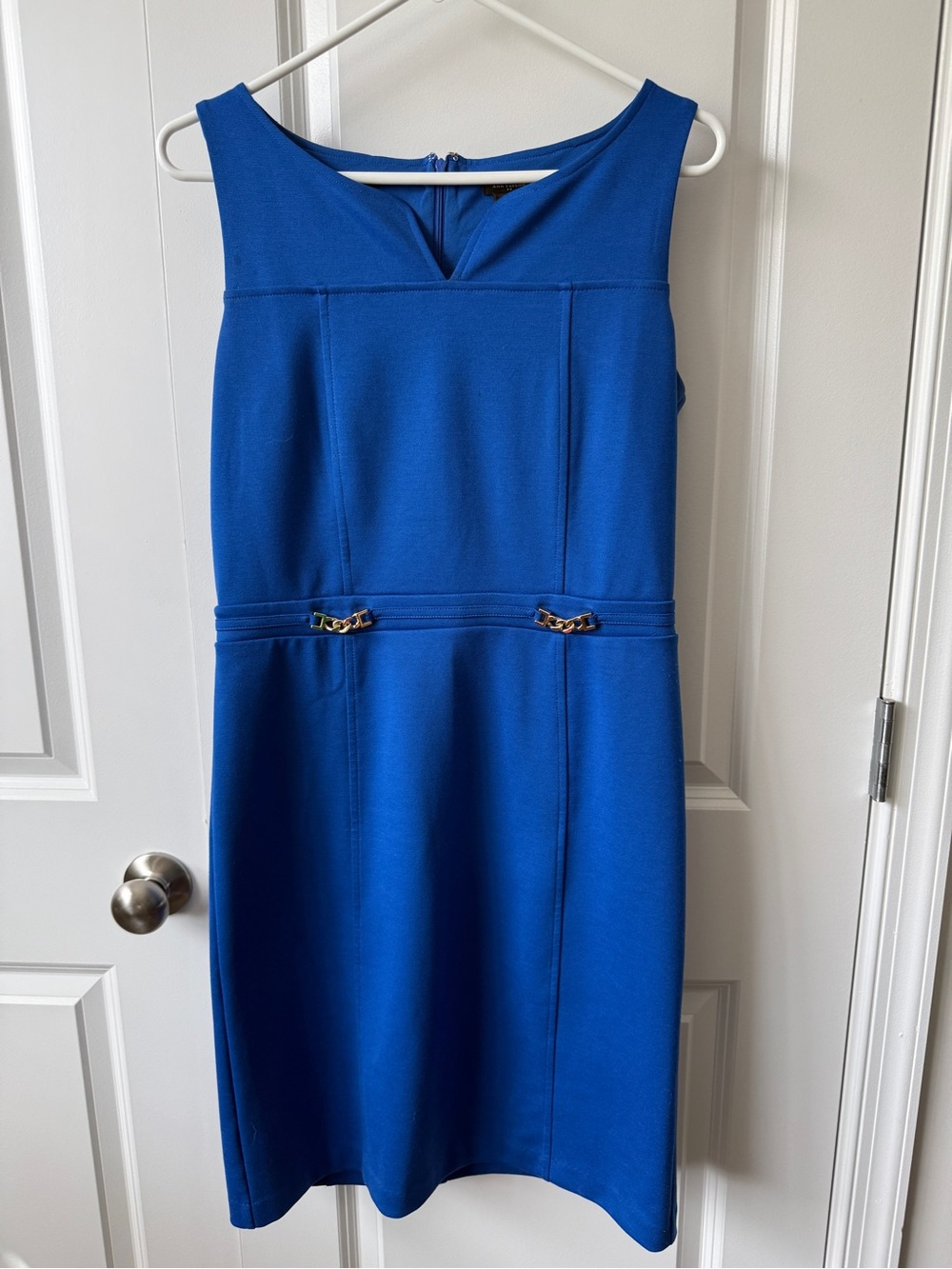 Ann Taylor Sleeveless Royal Blue Midi Sheath Dress with Chain Waist Detail